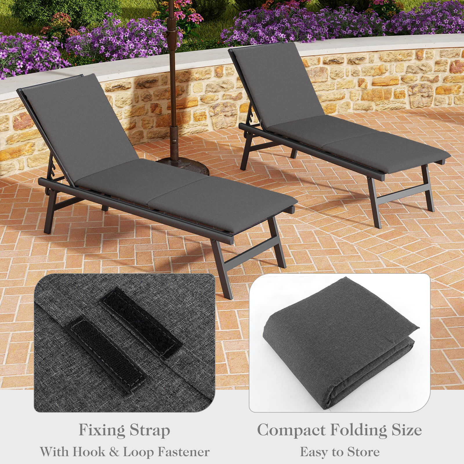 Patio Chaise Lounge Cushion with Hook & Loop Fastener Fixing Straps Outdoor - Picture 4 of 5