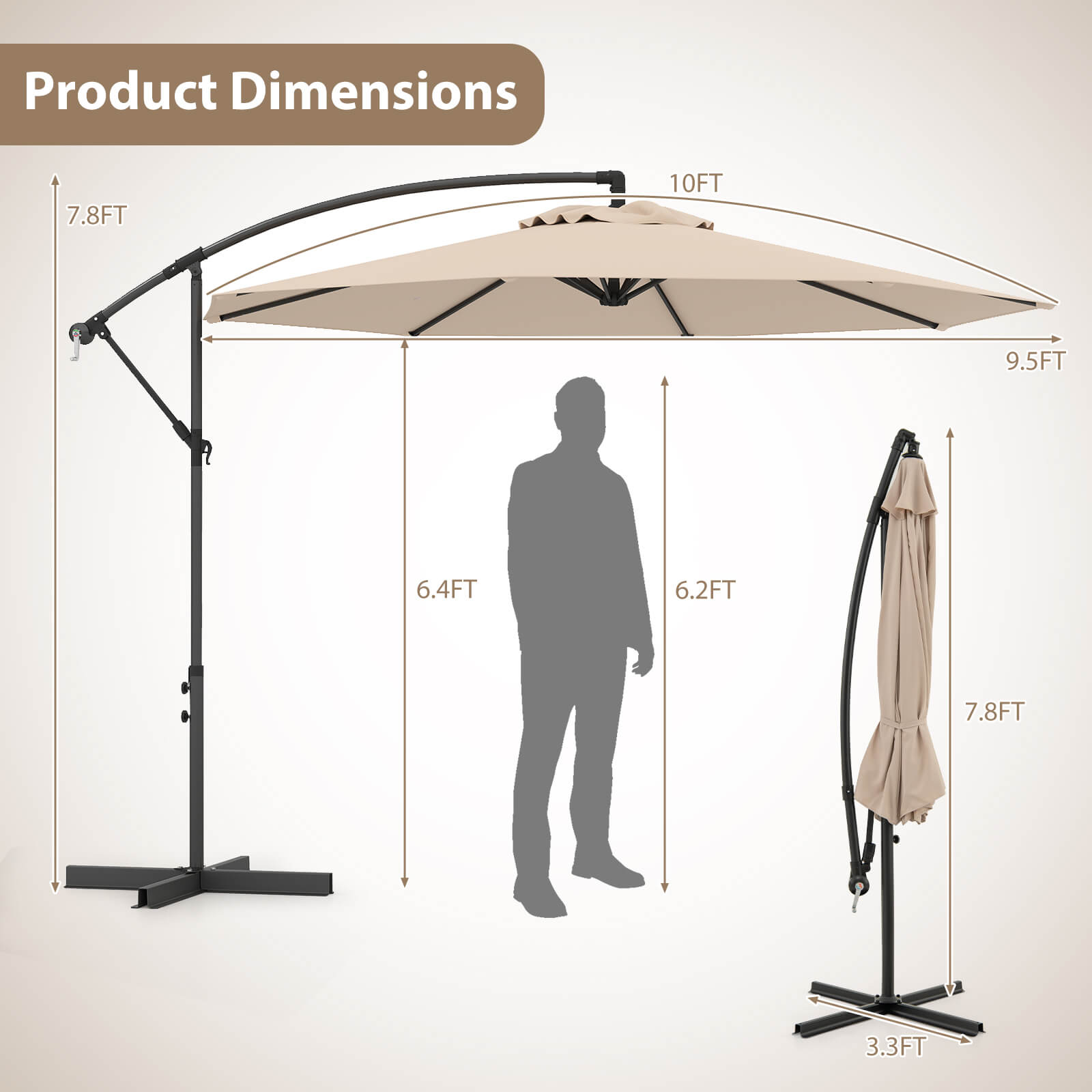 10 FT Patio Offset Umbrella w/8 Ribs Cross Base Tilt - Picture 12 of 60
