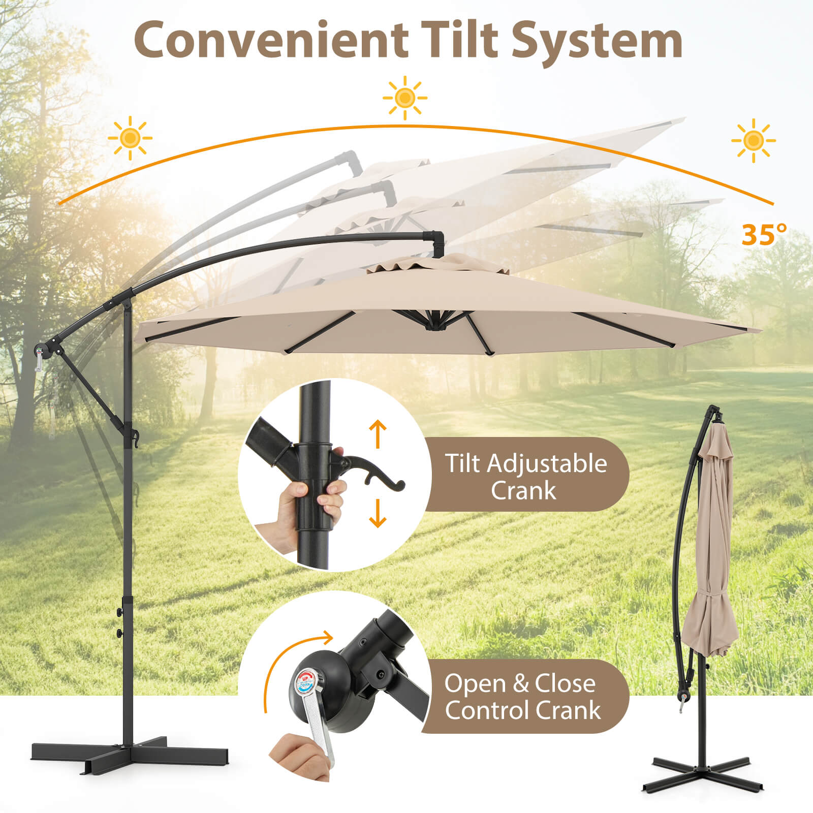 10 FT Patio Offset Umbrella w/8 Ribs Cross Base Tilt - Picture 19 of 60