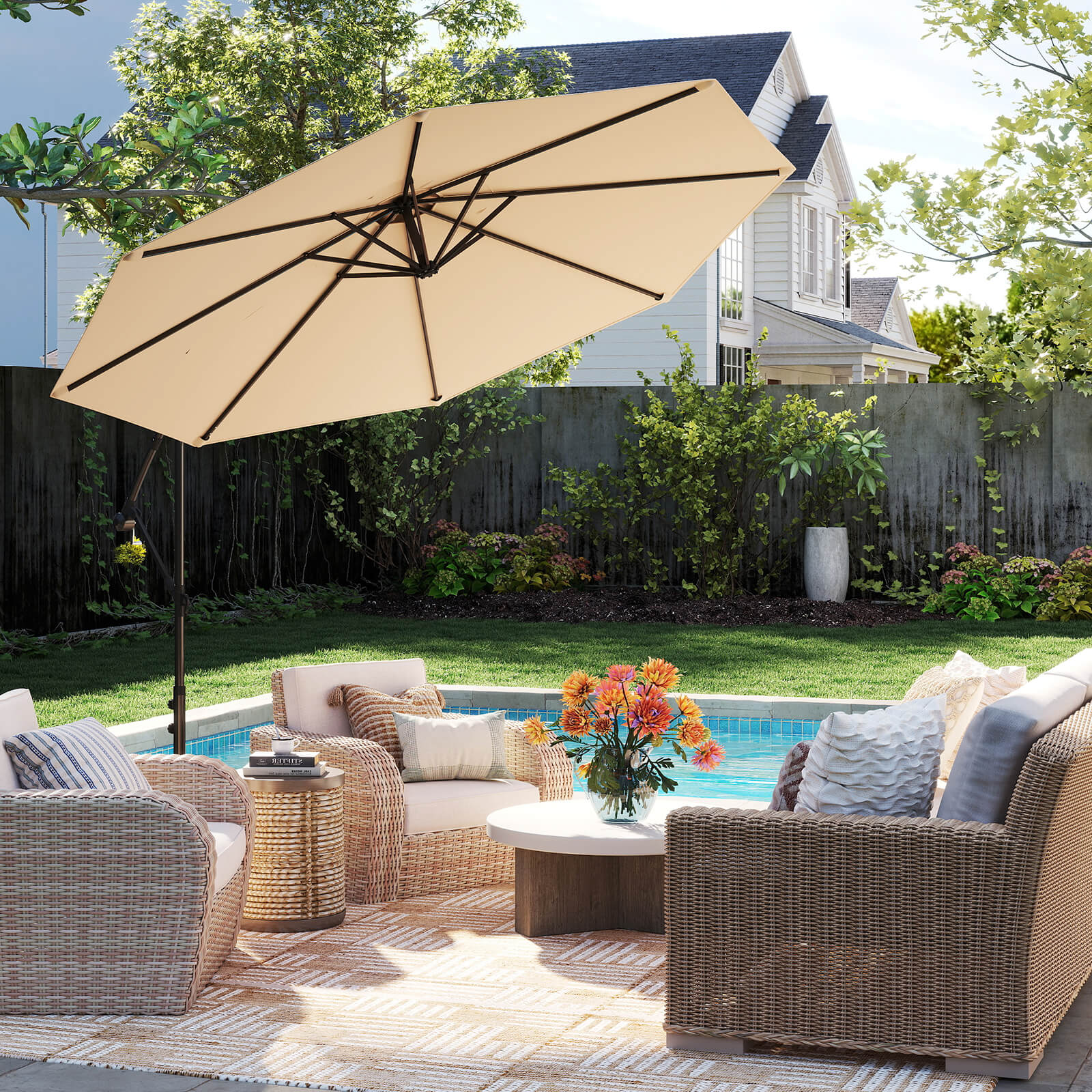 10 FT Patio Offset Umbrella w/8 Ribs Cross Base Tilt - Picture 13 of 60