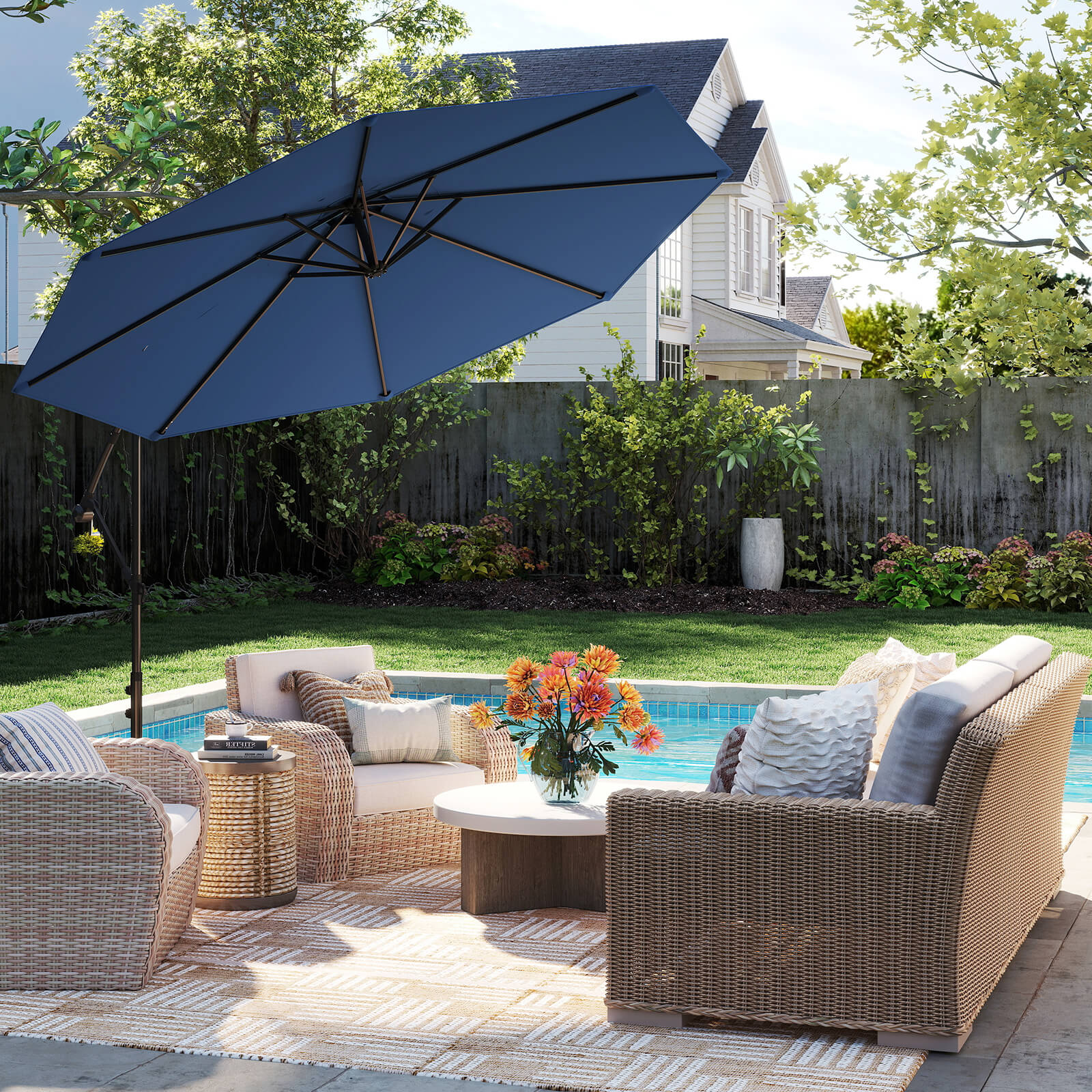 10 FT Patio Offset Umbrella w/8 Ribs Cross Base Tilt - Picture 43 of 60