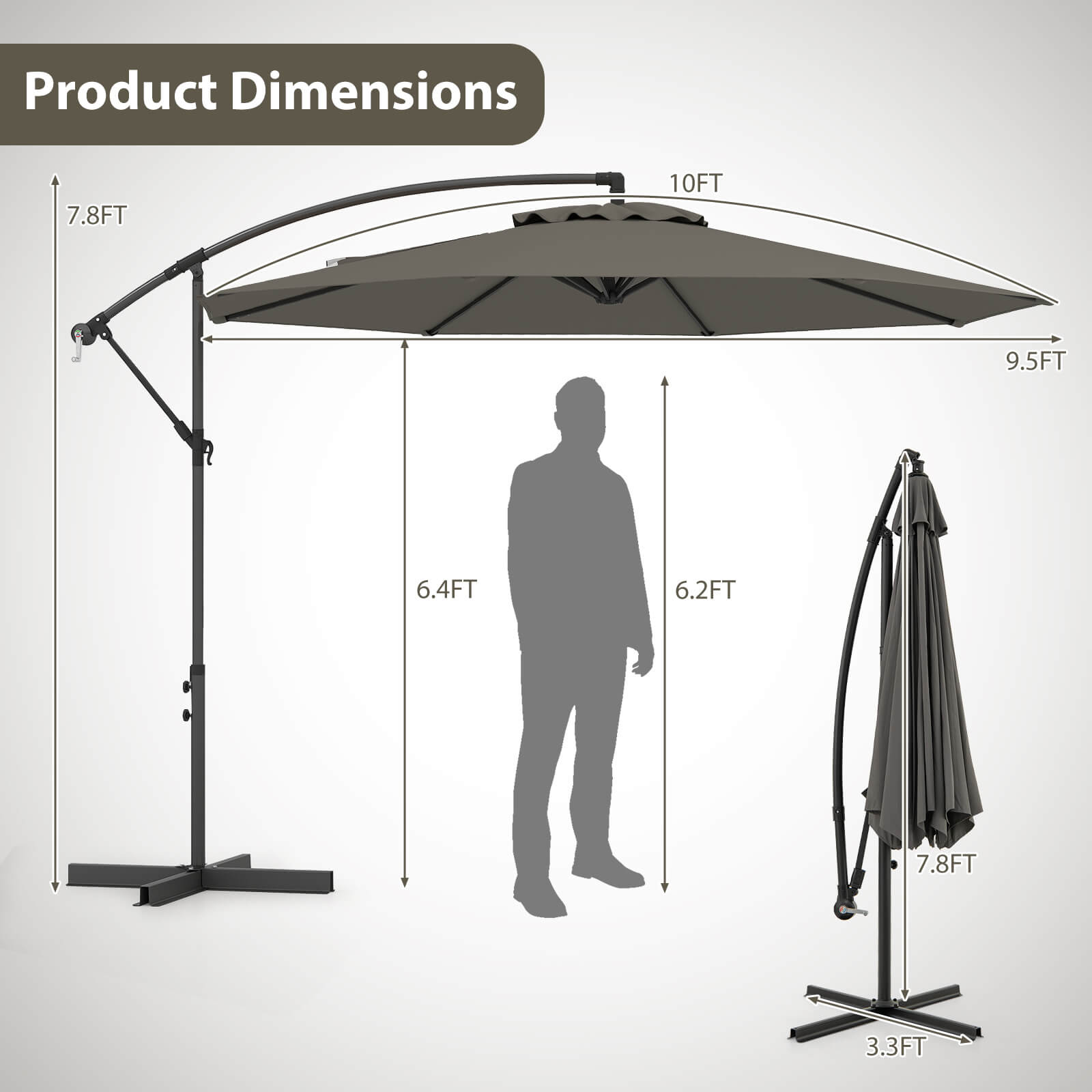 10 FT Patio Offset Umbrella w/8 Ribs Cross Base Tilt - Picture 32 of 60