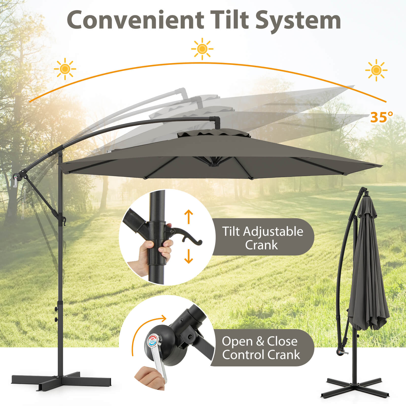 10 FT Patio Offset Umbrella w/8 Ribs Cross Base Tilt - Picture 38 of 60