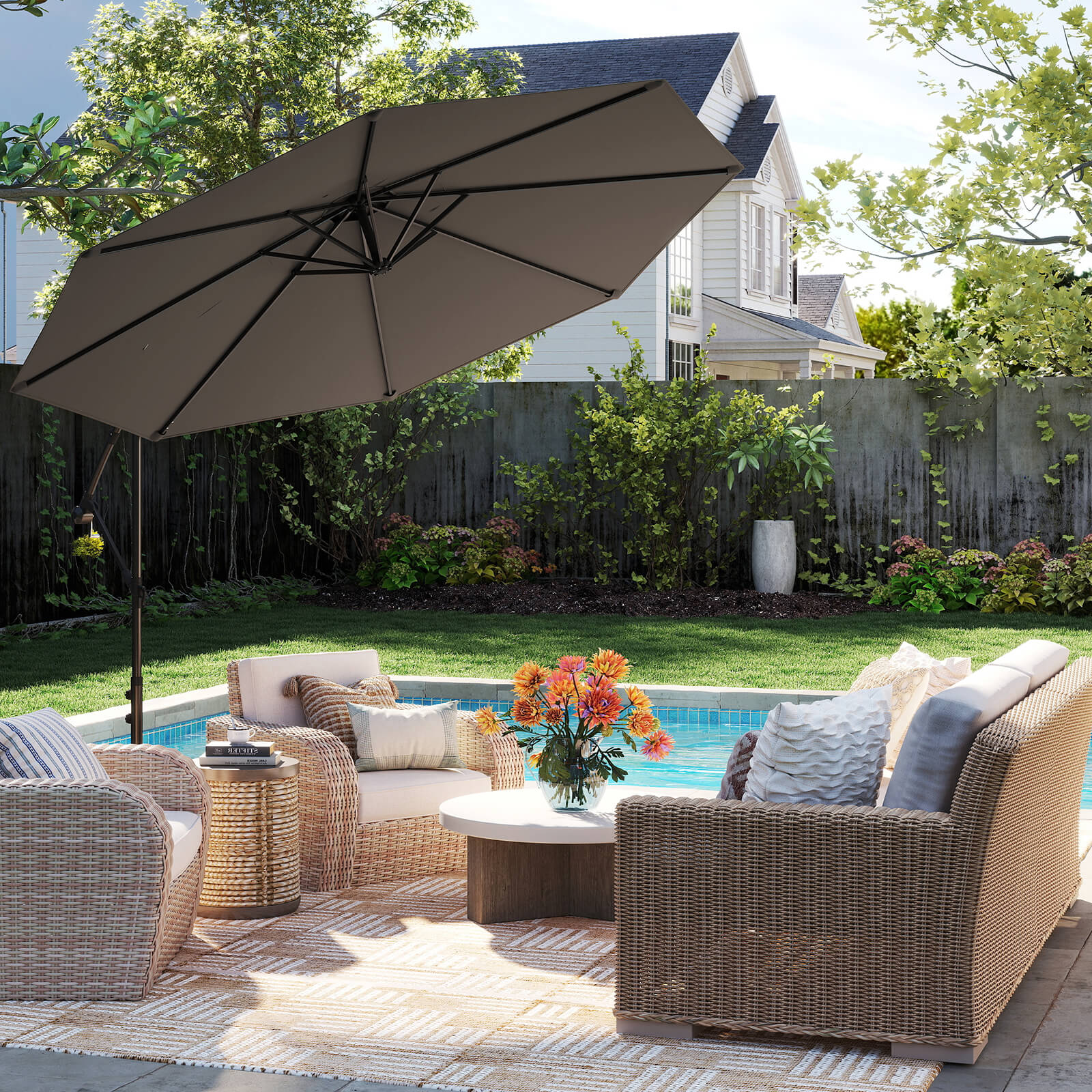 10 FT Patio Offset Umbrella w/8 Ribs Cross Base Tilt - Picture 35 of 60