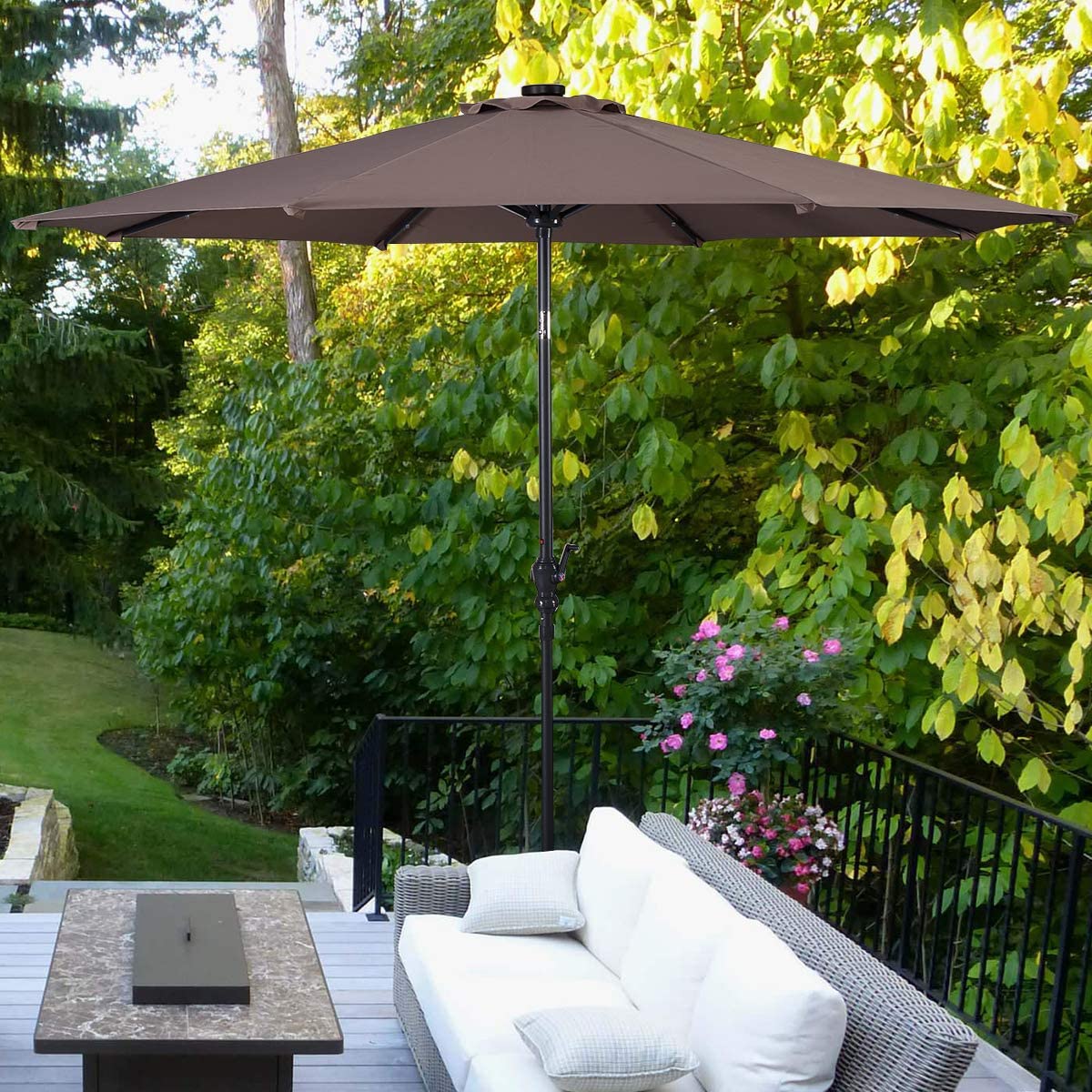 Costway 10ft Solar Lights Patio Umbrella Outdoor W/ 36 LBS Steel Umbrella Stand - Picture 31 of 49