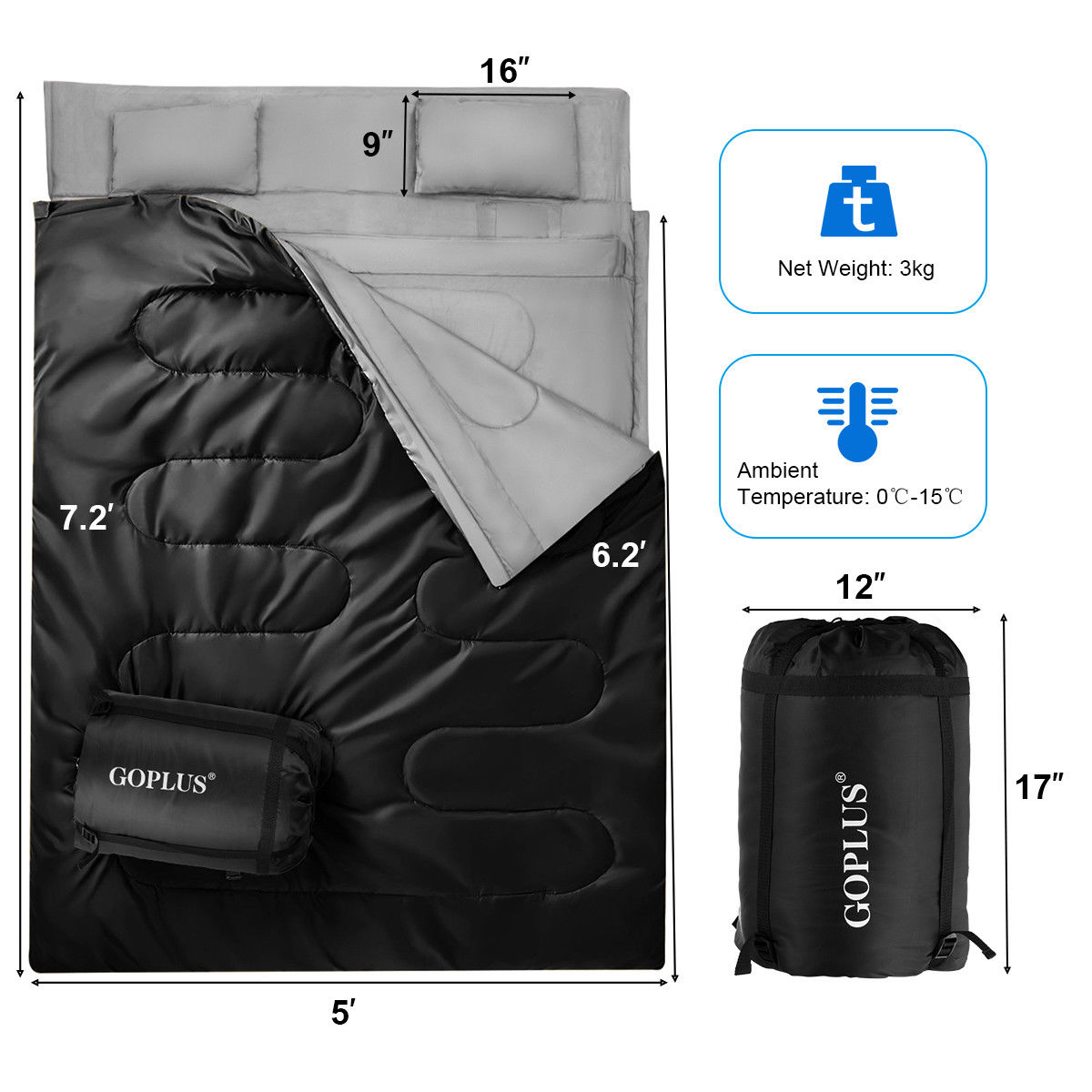 Saco de dormir doble para 2 personas Goplus impermeable con 2 almohadas camping talla queen XL - Imagen 18 de 30