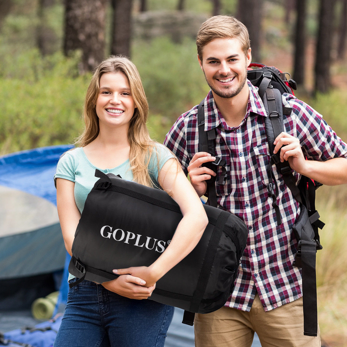 Saco de dormir doble para 2 personas Goplus impermeable con 2 almohadas camping talla queen XL - Imagen 15 de 30