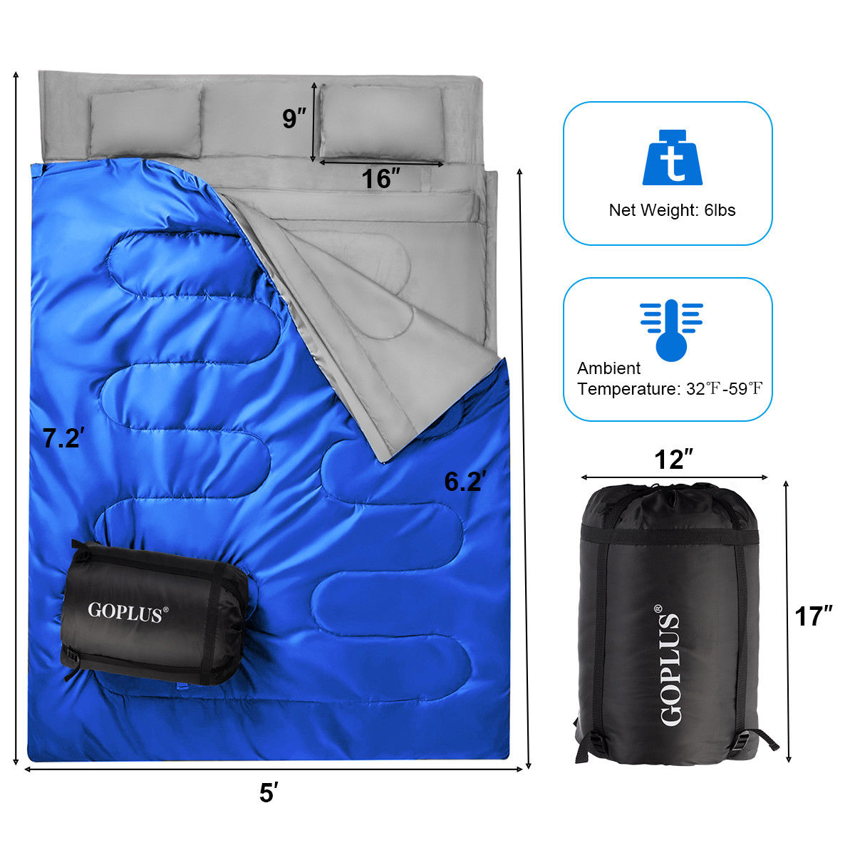Saco de dormir doble para 2 personas Goplus impermeable con 2 almohadas camping talla queen XL - Imagen 24 de 30