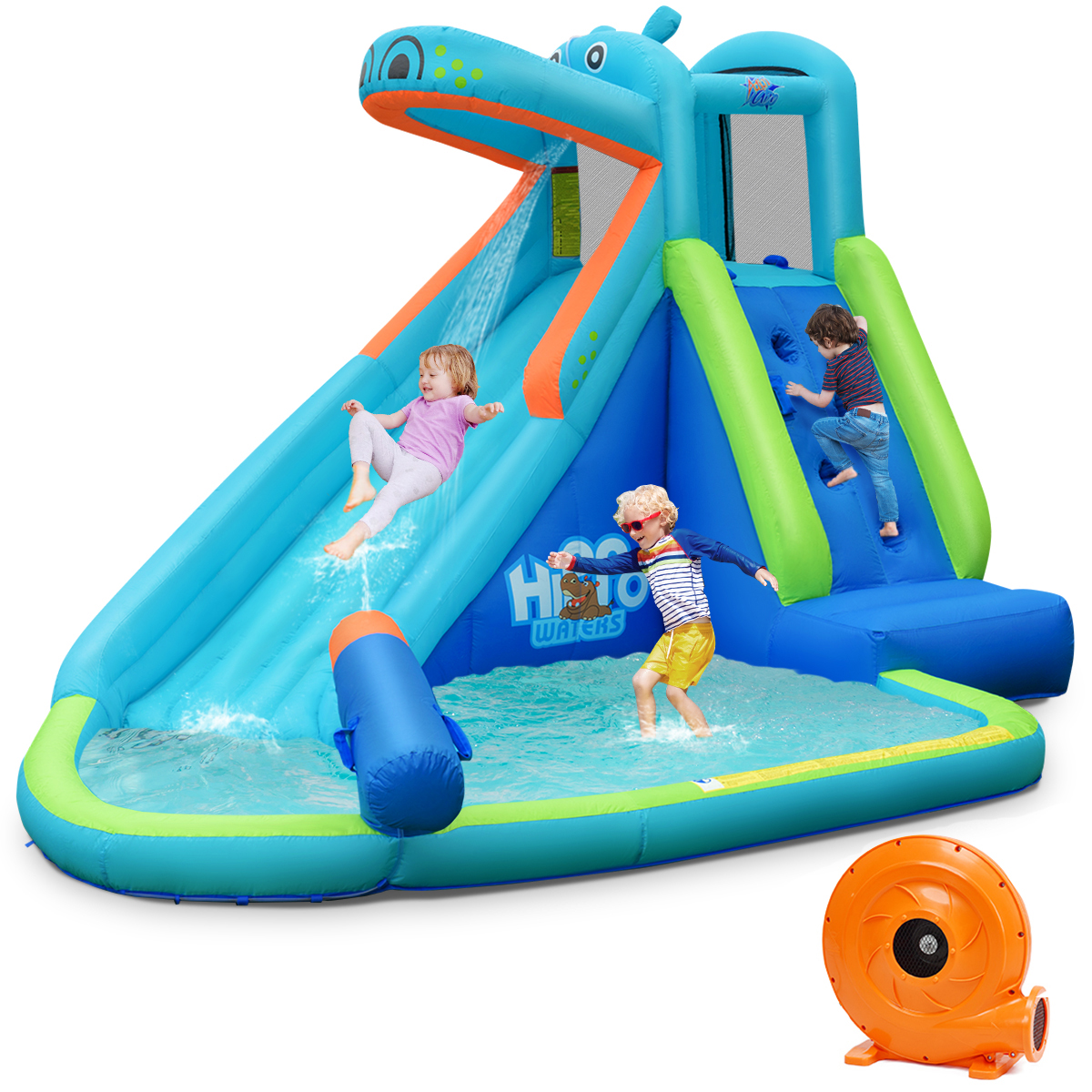 Inflatable Kids Hippo Bounce House Slide Climbing Wall w/740W Blower & Carry Bag - Picture 1 of 5