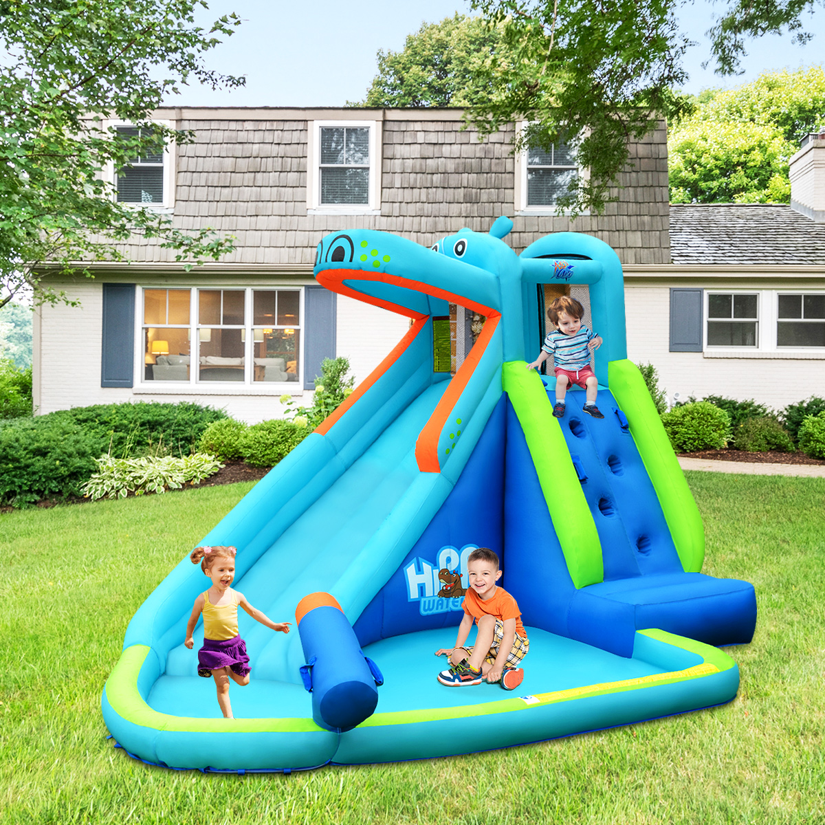 Inflatable Kids Hippo Bounce House Slide Climbing Wall w/740W Blower & Carry Bag - Picture 2 of 5
