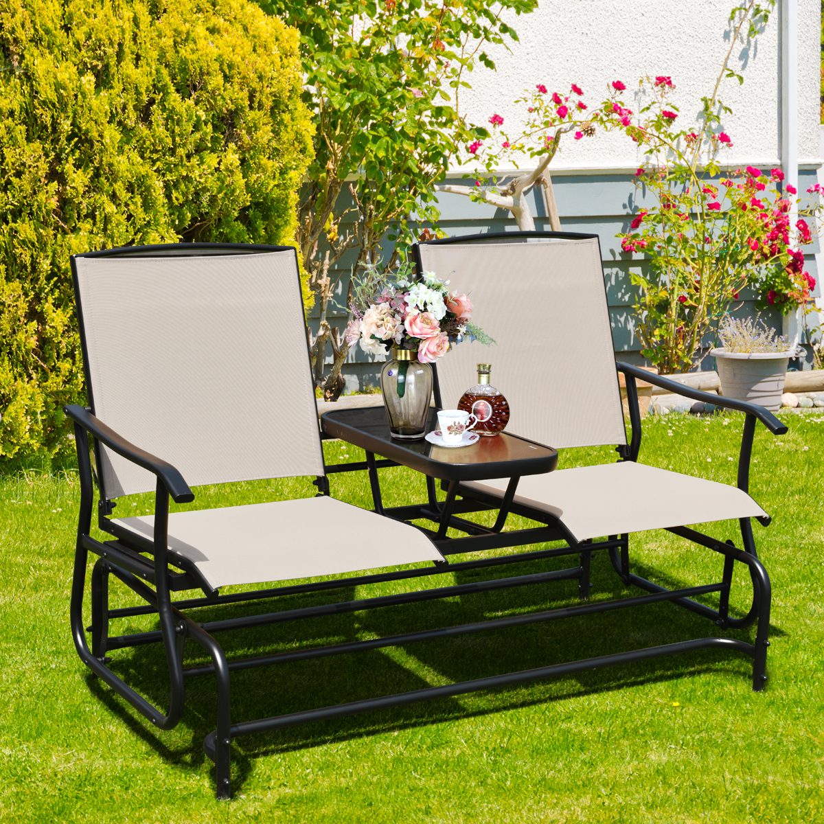 Patiojoy 2 Person Patio Double Glider Chair Loveseat Rocking with Center Table - Bild 3 von 10