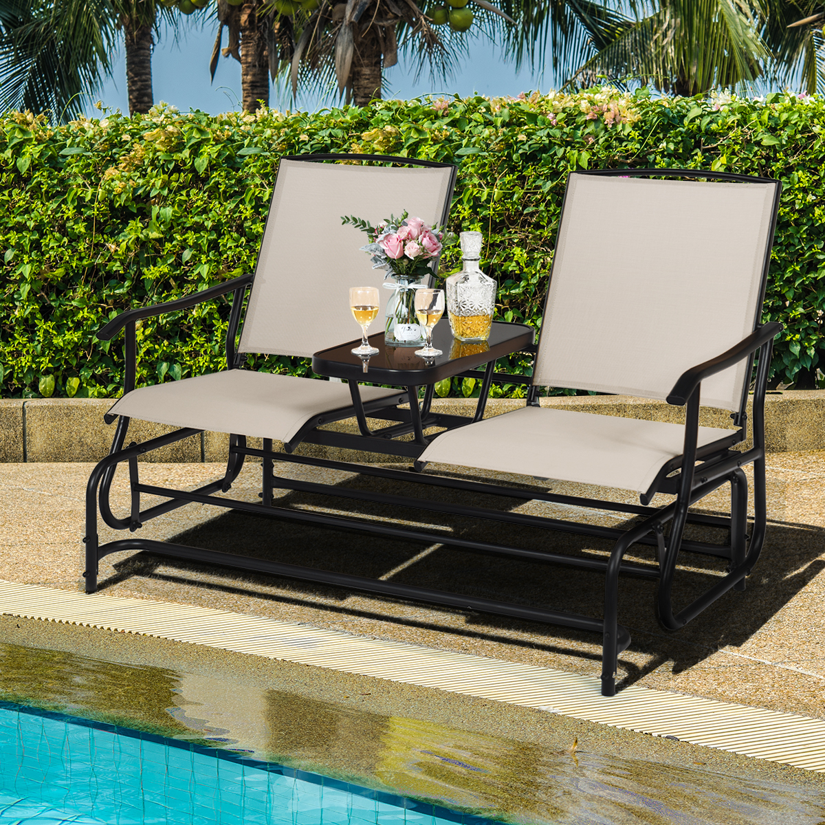 Patiojoy 2 Person Patio Double Glider Chair Loveseat Rocking with Center Table - Bild 4 von 10