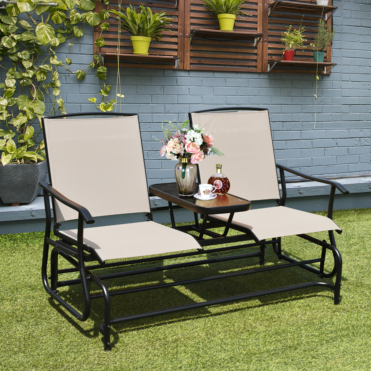 Patiojoy 2 Person Patio Double Glider Chair Loveseat Rocking with Center Table - Bild 6 von 10