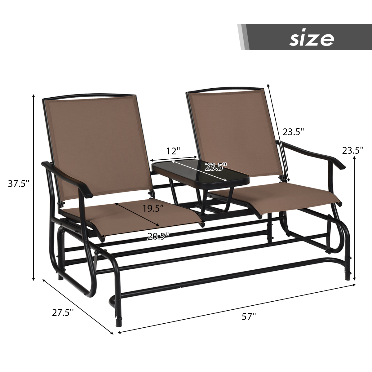 Patiojoy 2 Person Outdoor Patio Double Glider Chair Loveseat Rocking Brown detailed image 2