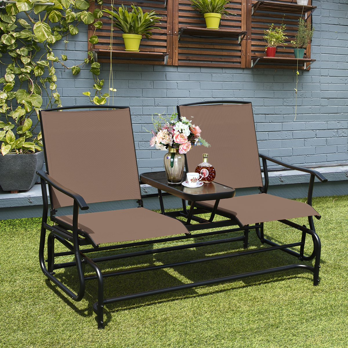 Patiojoy 2 Person Outdoor Patio Double Glider Chair Loveseat Rocking Brown detailed image 3
