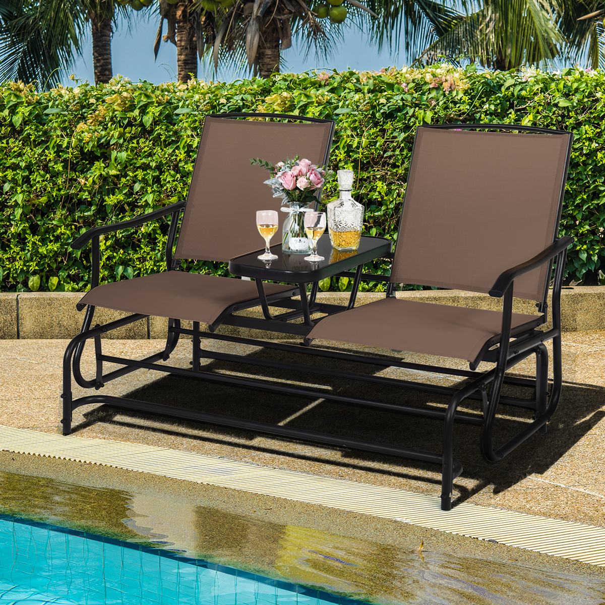 Patiojoy 2 Person Outdoor Patio Double Glider Chair Loveseat Rocking Brown detailed image 4