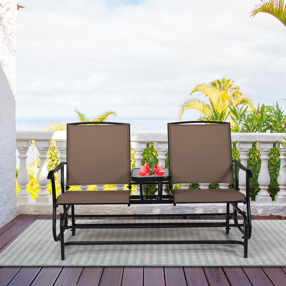 Patiojoy 2 Person Outdoor Patio Double Glider Chair Loveseat Rocking Brown detailed image 5