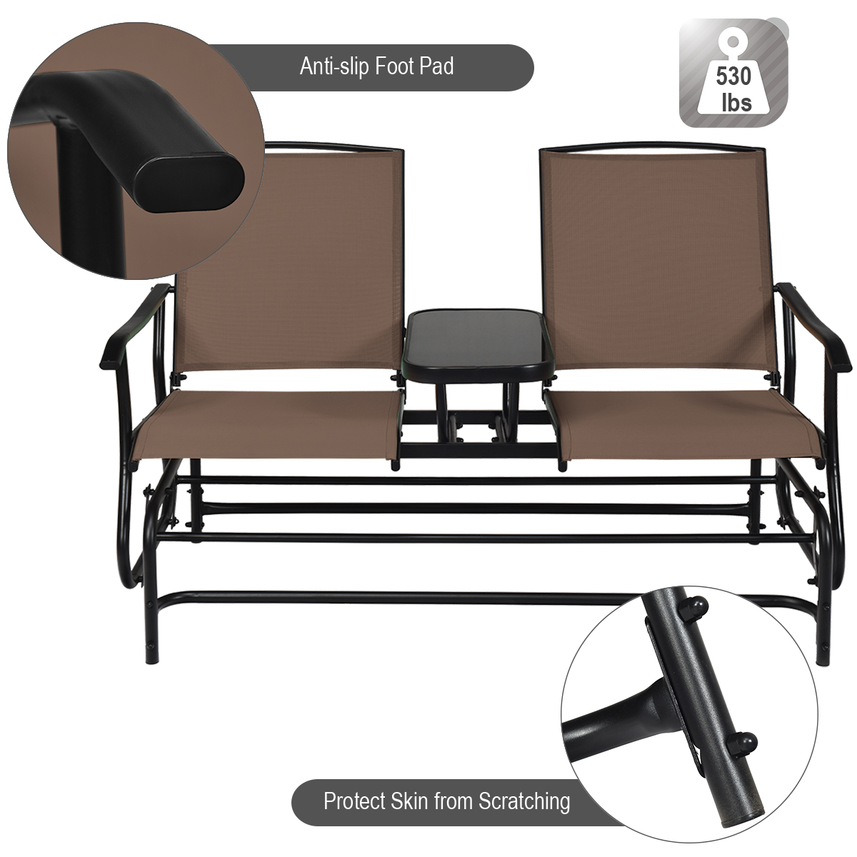 Patiojoy 2 Person Outdoor Patio Double Glider Chair Loveseat Rocking Brown detailed image 8