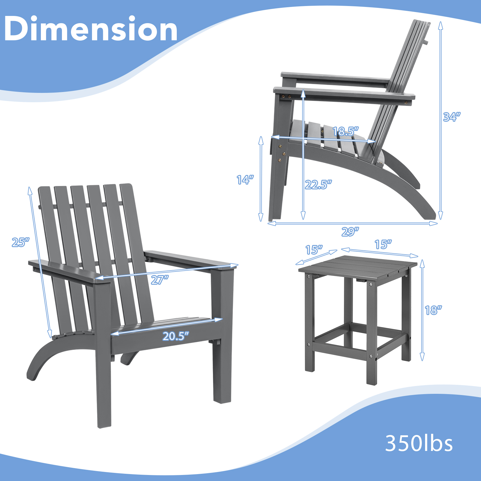 Patiojoy Outdoor 2PCS Adirondack Chair Side Table Set Solid Wood Garden Deck