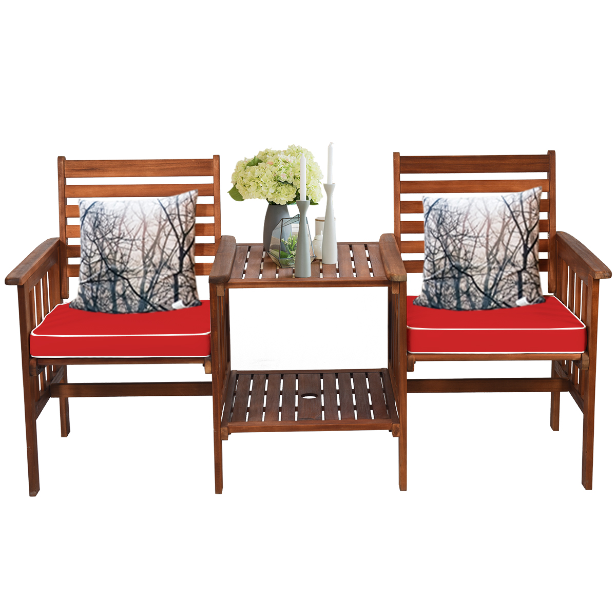 Patio Loveseat Set Acacia Wood Cushioned Chair Coffee Table W/ Umbrella Hole Red