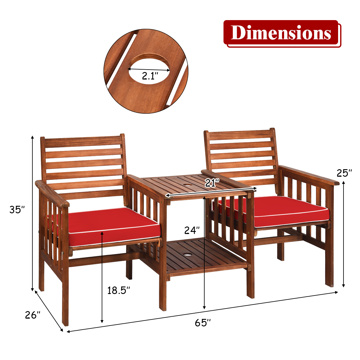 Patio Loveseat Set Acacia Wood Cushioned Chair Coffee Table W/ Umbrella Hole Red