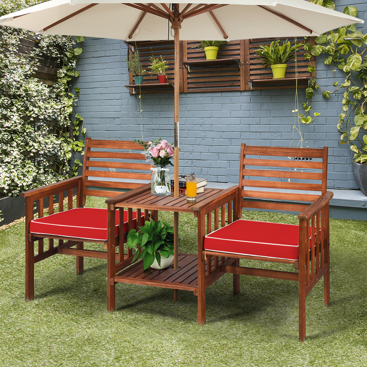 Patio Loveseat Set Acacia Wood Cushioned Chair Coffee Table W/ Umbrella Hole Red