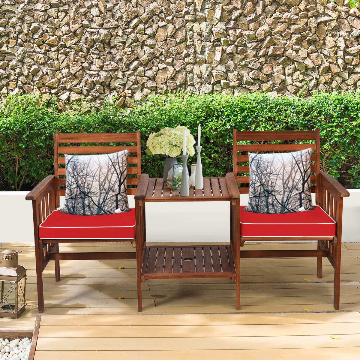 Patio Loveseat Set Acacia Wood Cushioned Chair Coffee Table W/ Umbrella Hole Red