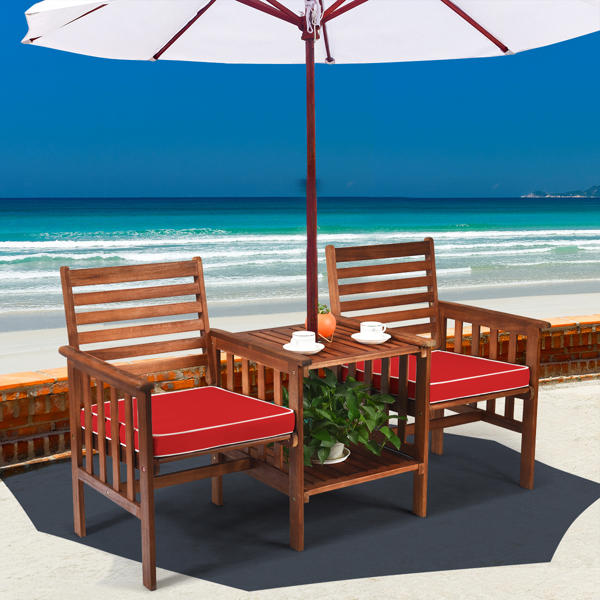 Patio Loveseat Set Acacia Wood Cushioned Chair Coffee Table W/ Umbrella Hole Red