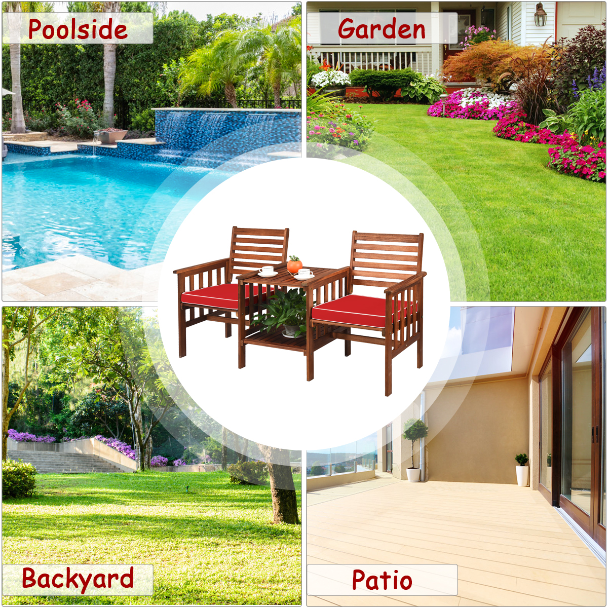 Patio Loveseat Set Acacia Wood Cushioned Chair Coffee Table W/ Umbrella Hole Red