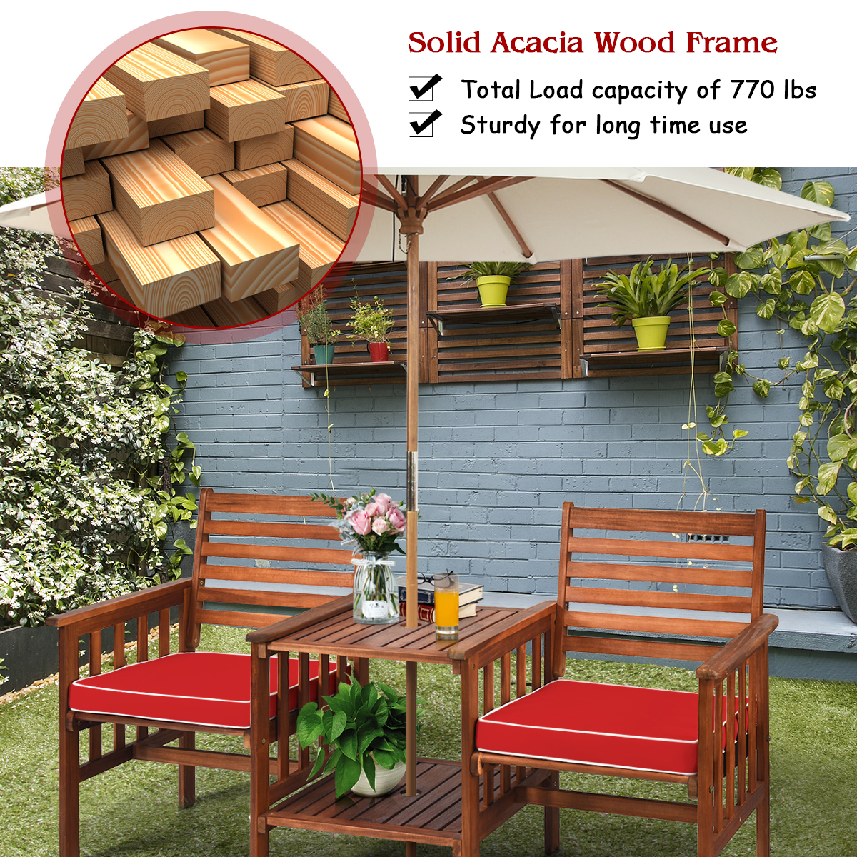Patio Loveseat Set Acacia Wood Cushioned Chair Coffee Table W/ Umbrella Hole Red