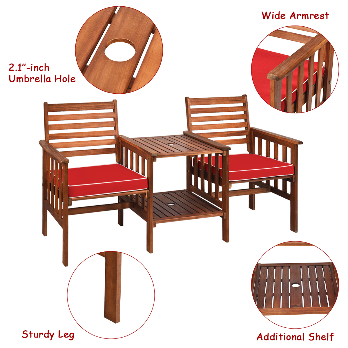 Patio Loveseat Set Acacia Wood Cushioned Chair Coffee Table W/ Umbrella Hole Red