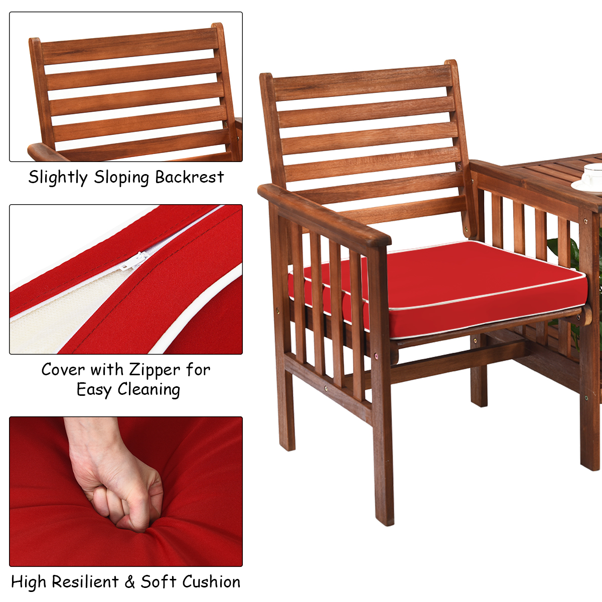 Patio Loveseat Set Acacia Wood Cushioned Chair Coffee Table W/ Umbrella Hole Red