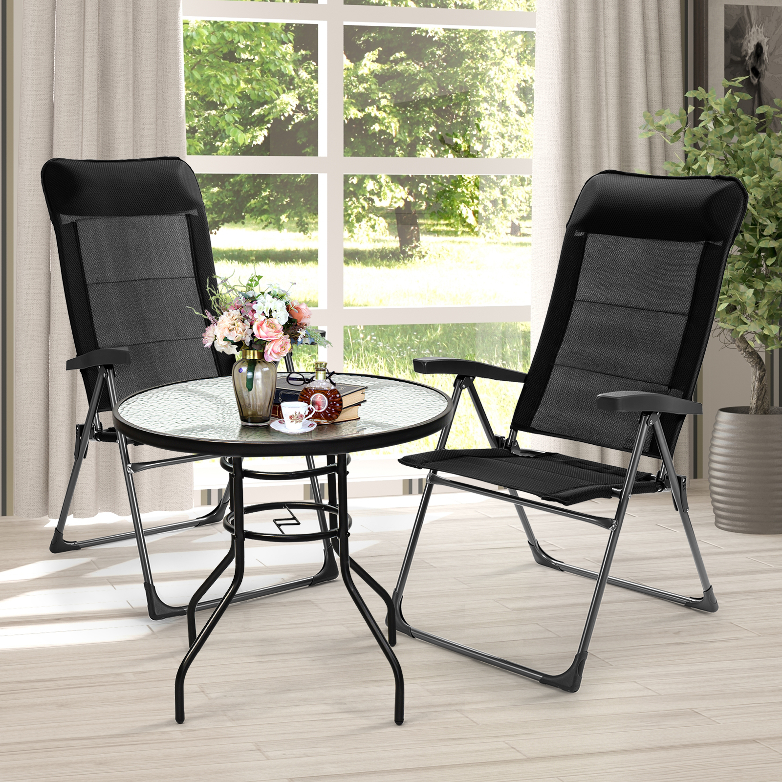 Costway 2PCS Patio Folding Dining Chairs Portable Camping Headrest Adjust Black