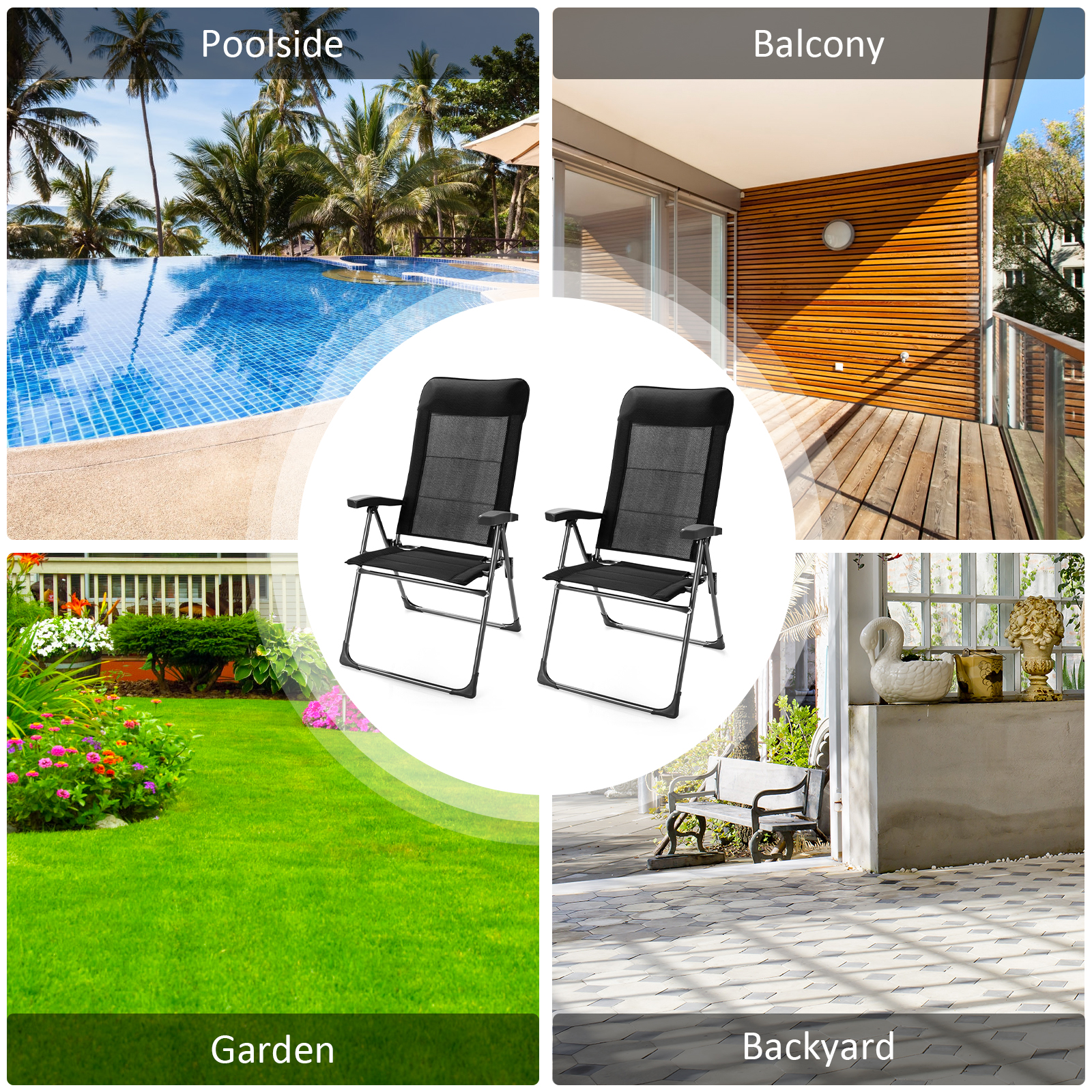 Costway 2PCS Patio Folding Dining Chairs Portable Camping Headrest Adjust Black