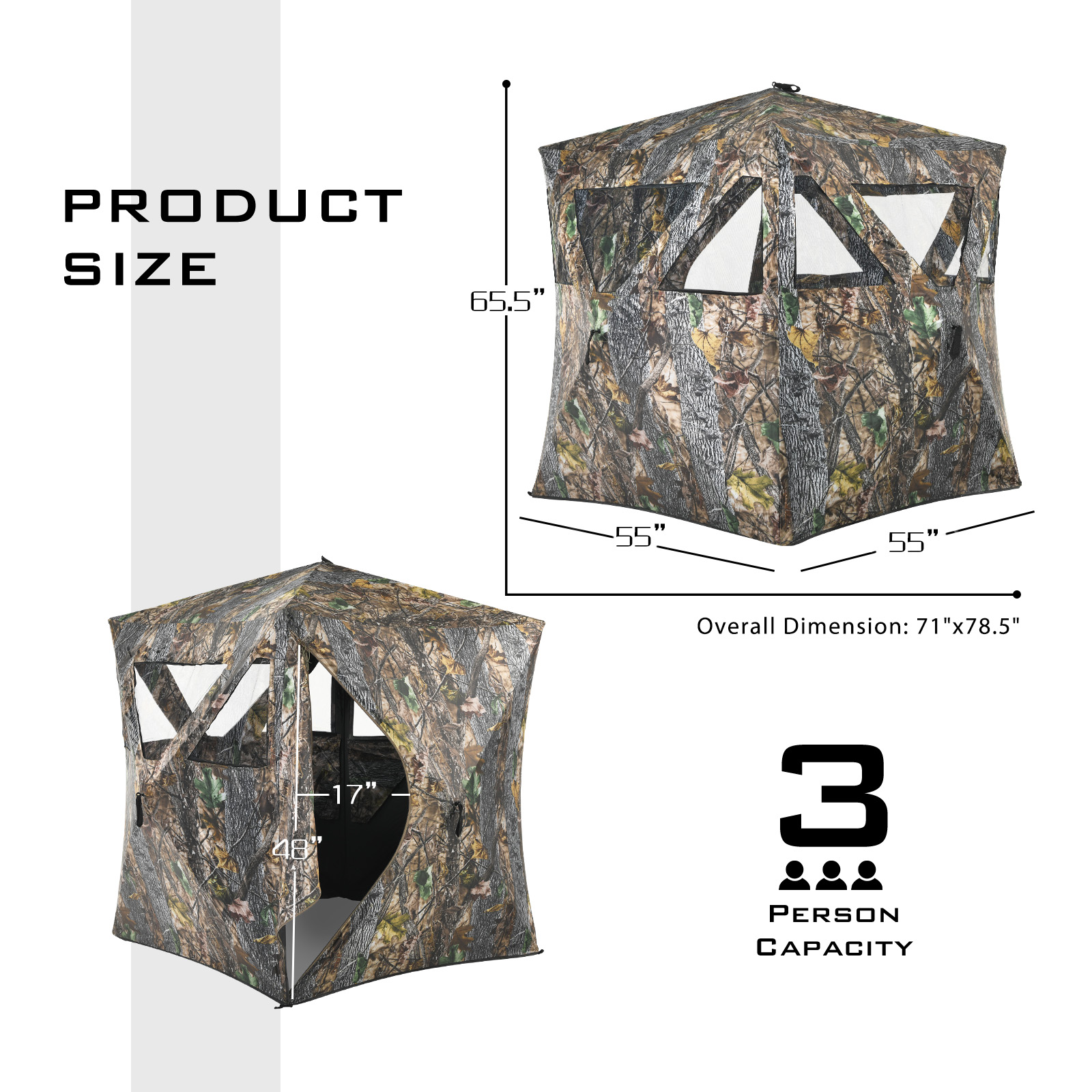 3 Person Portable Hunting Blind Pop-Up Ground Blind w/Tie-downs & Carrying Bag - Picture 11 of 12