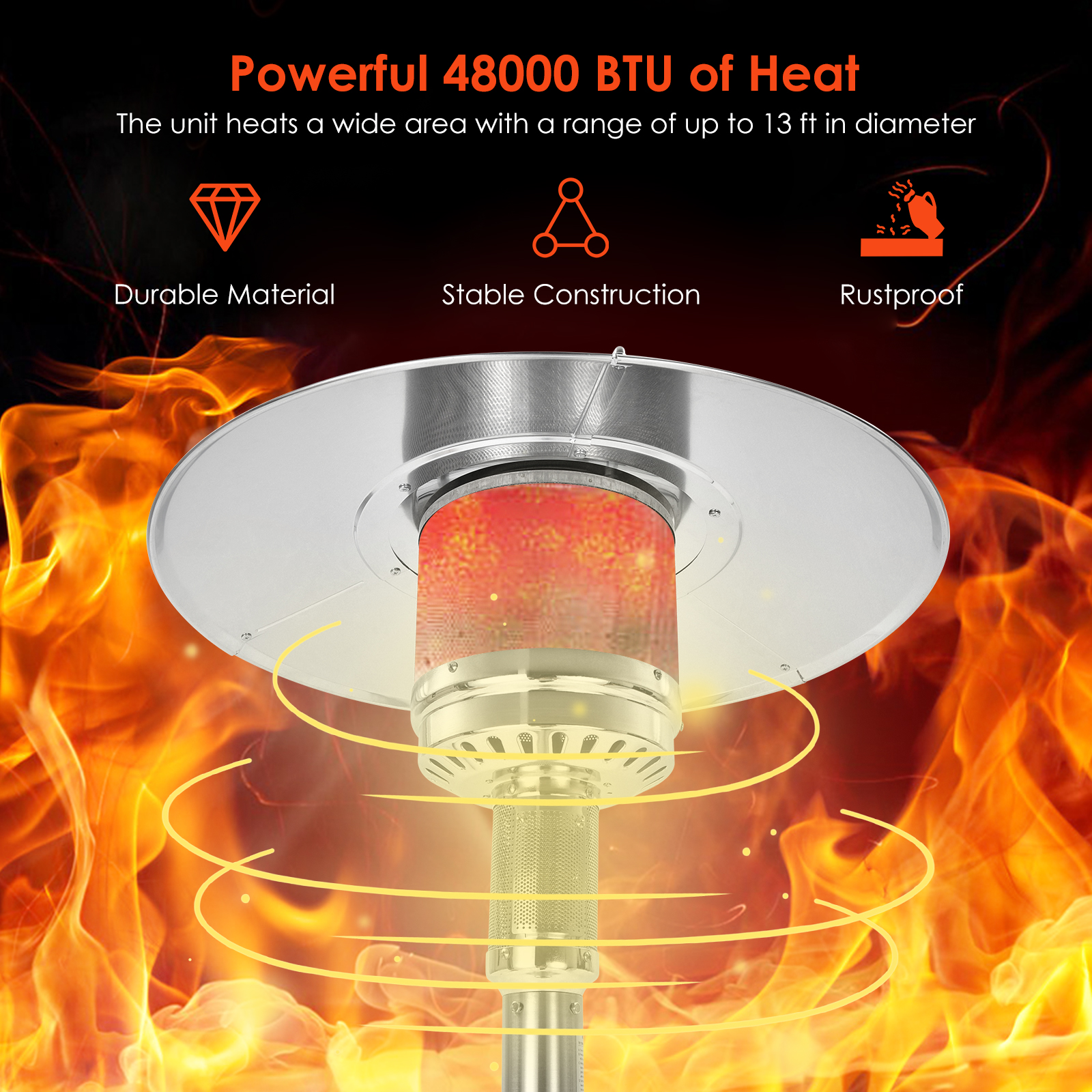 Costway 48000 BTU Stainless Steel Propane Patio Standing Heater W/ Wheels - Picture 5 of 12