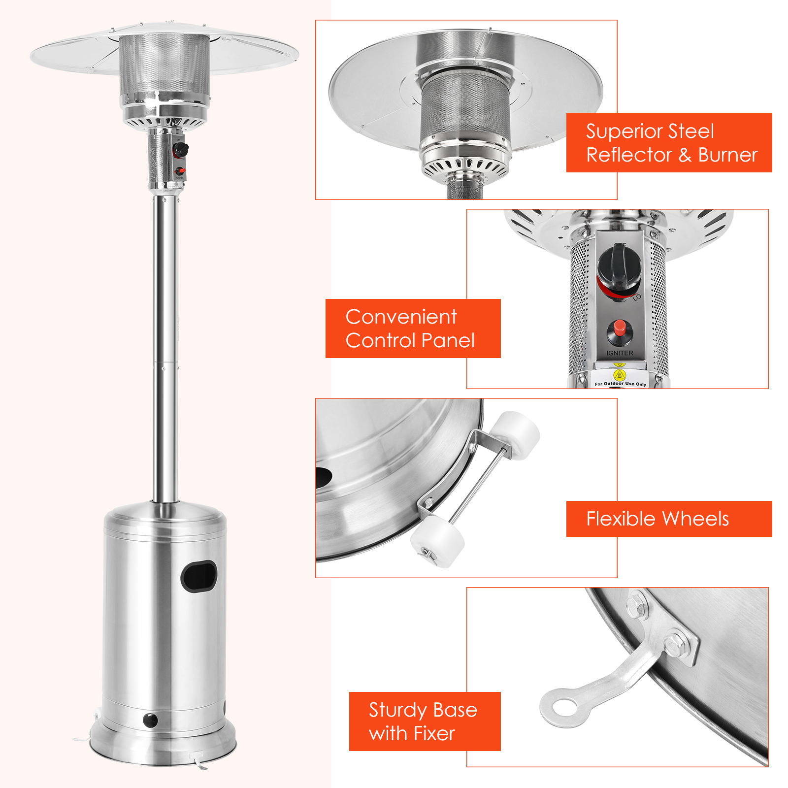 Costway 48000 BTU Stainless Steel Propane Patio Standing Heater W/ Wheels - Picture 8 of 12