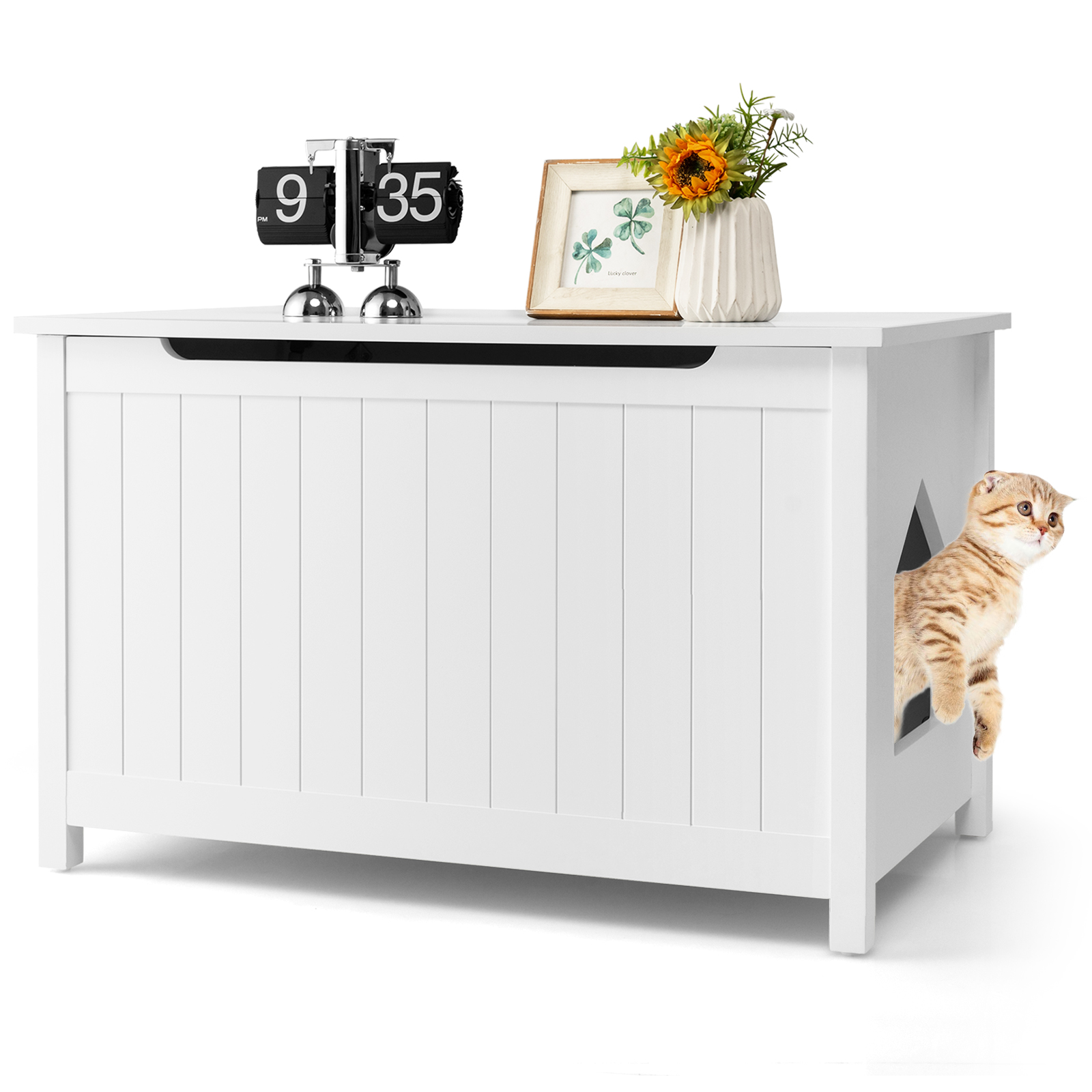 Wooden Enclosure Cat Litter Box w/ Top Opening Side Table Furniture