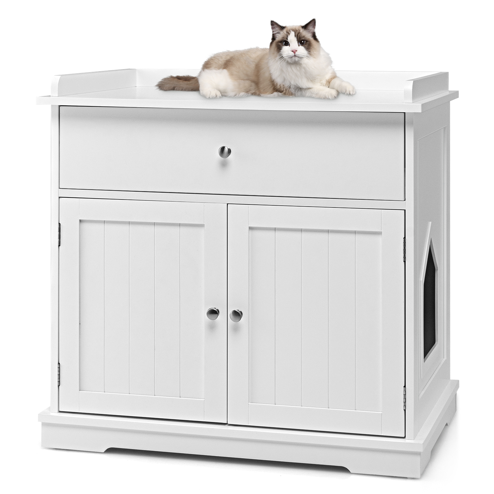 Wooden Cat Litter Box Enclosure w/ Drawer Side Table Furniture