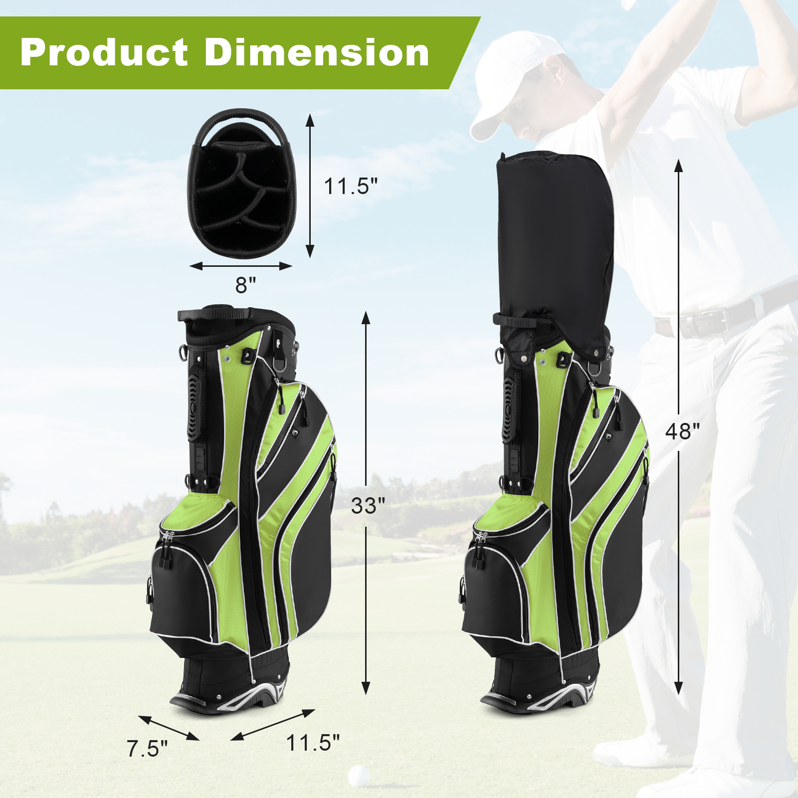 Lightweight Golf Stand Carry Bag W/6 Way Dividers & 8 Pockets Rain Hood Green