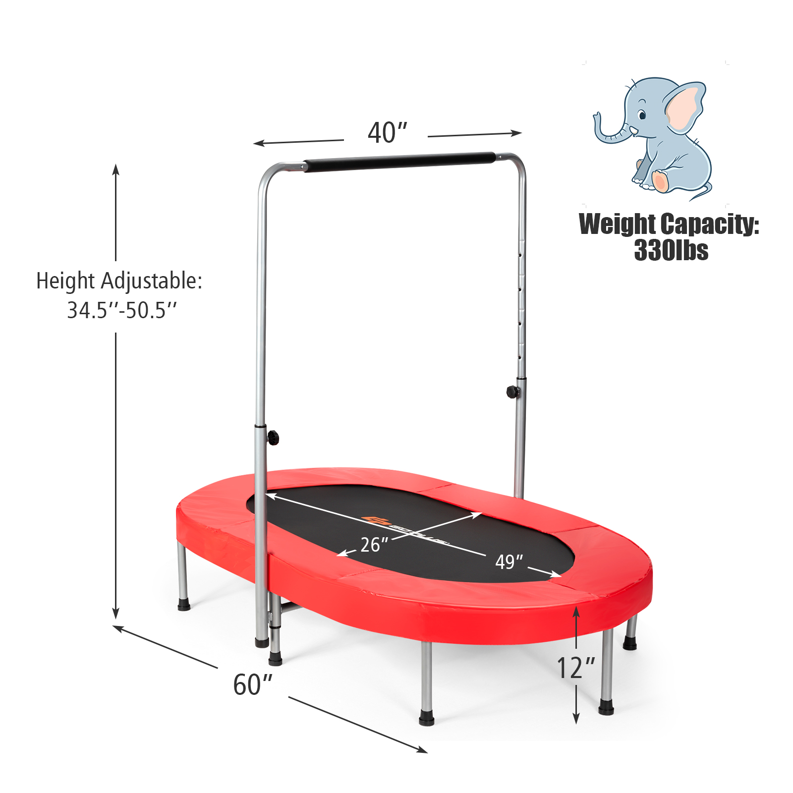Faltbares Trampolin Doppel Mini Kinder Fitness Rebounder mit verstellbarem Griff Rot - Bild 10 von 12