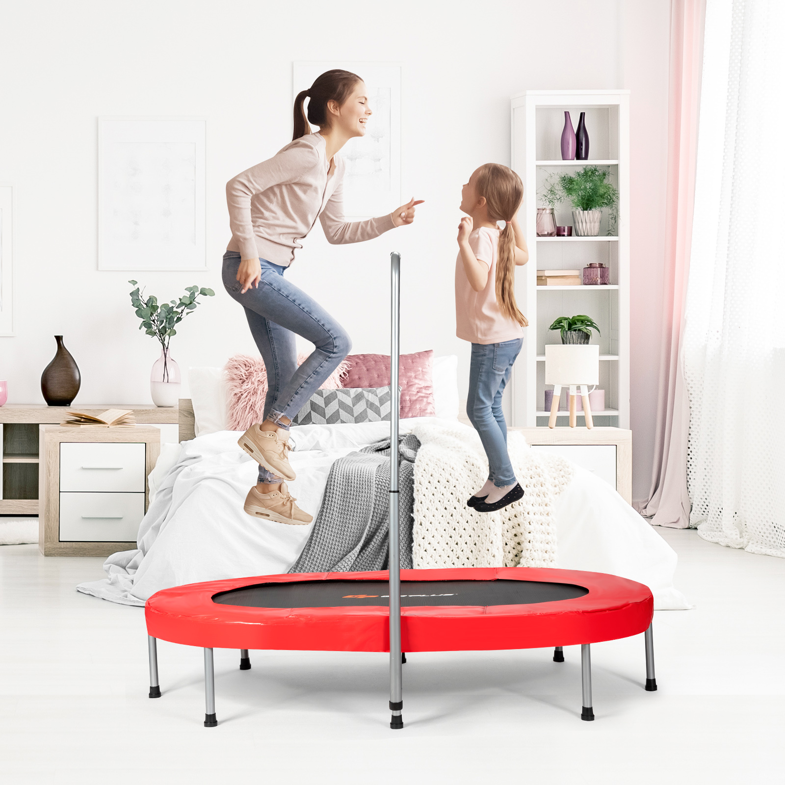 Faltbares Trampolin Doppel Mini Kinder Fitness Rebounder mit verstellbarem Griff Rot - Bild 7 von 12
