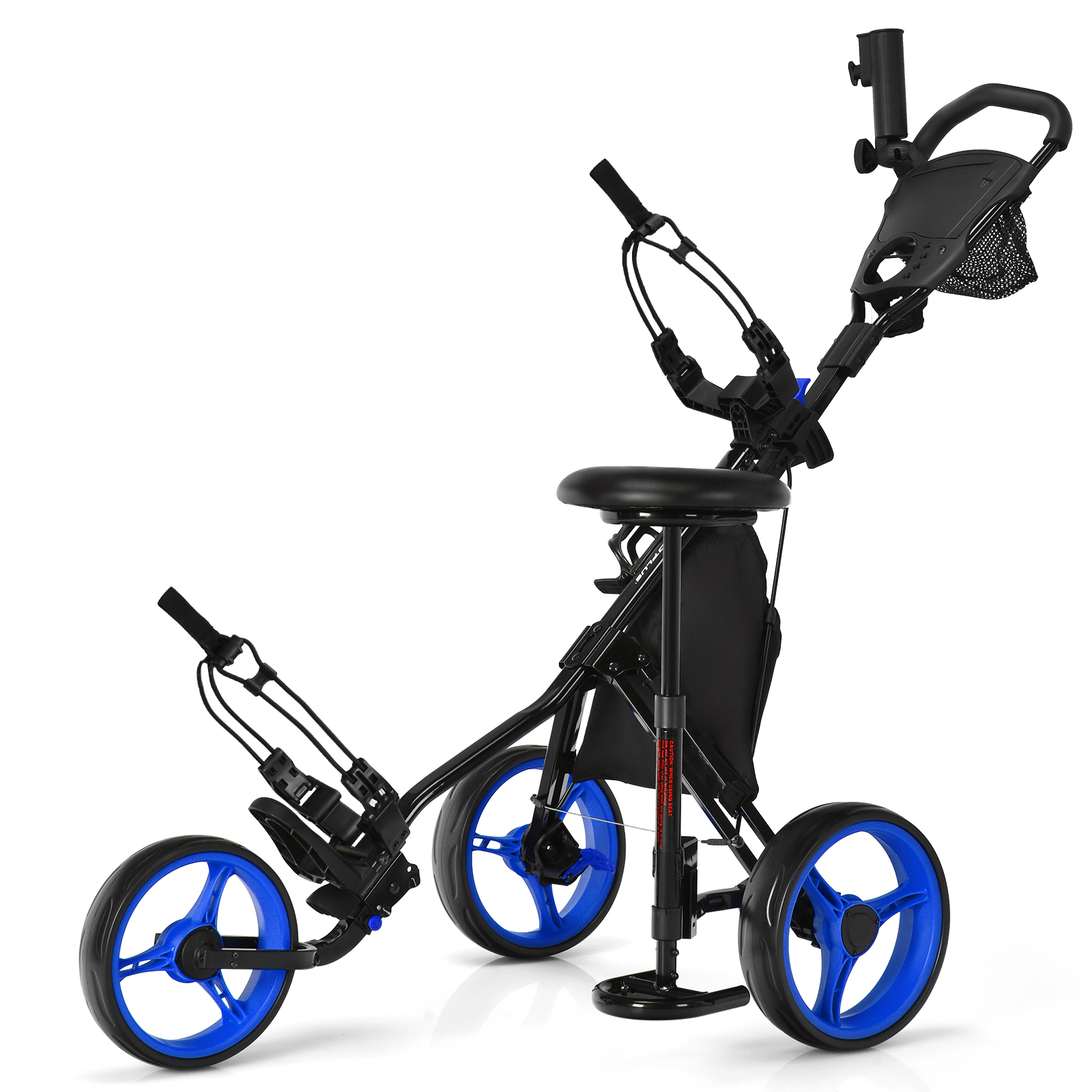 Costway Folding 3 Wheels Golf Push Cart W/Seat Scoreboard Adjustable Handle Blue