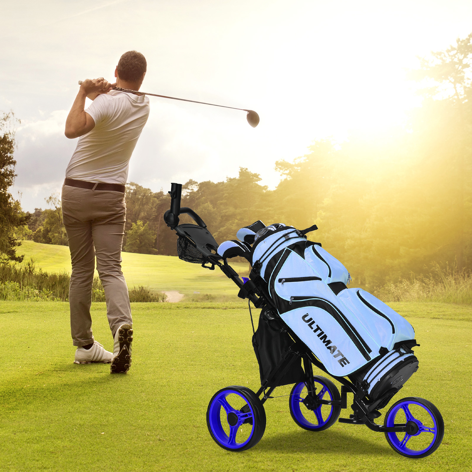 Costway Folding 3 Wheels Golf Push Cart W/Seat Scoreboard Adjustable Handle Blue - Bild 8 von 12