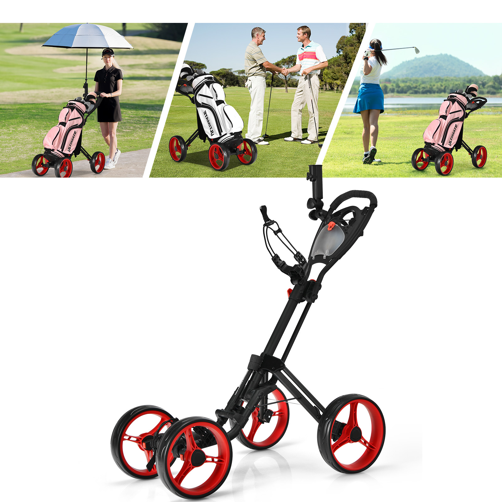 4 Wheel Cart Golf Trolley Foldable Golf Push Pull Buggy w/ Footbrake Scorecard eBay