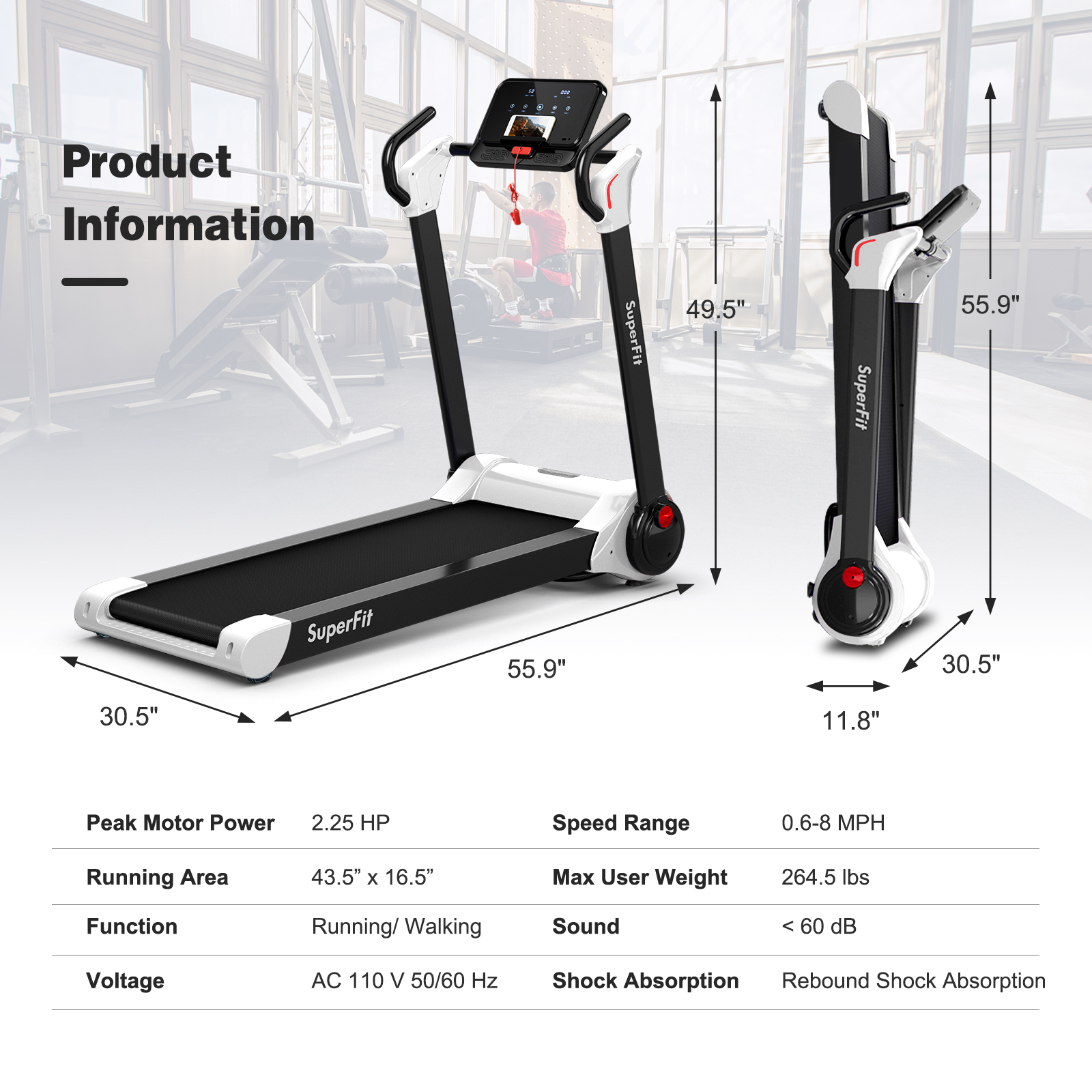 Costway Folding 2.25HP Electric Treadmill Running Machine APP Control Bluetooth