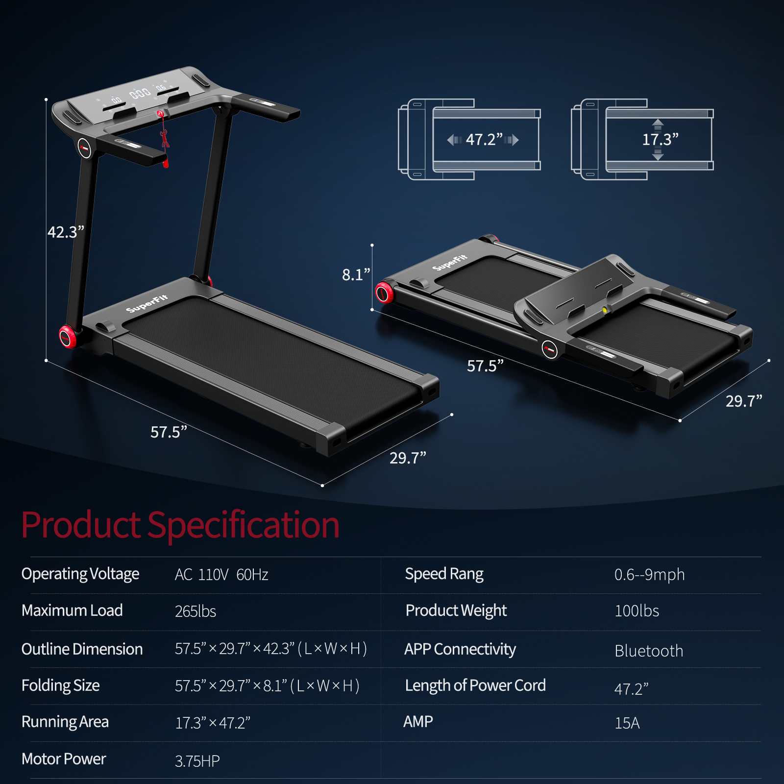 Folding 3.75HP Treadmill Electric Running Machine W/Bluetooth APP Self-standing