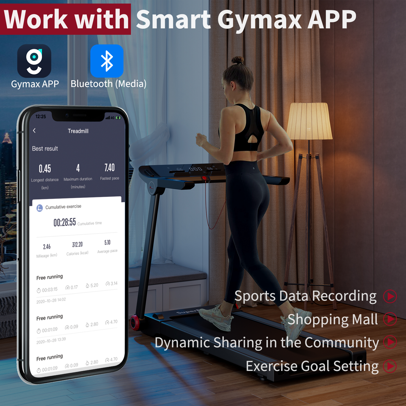 Folding 3.75HP Treadmill Electric Running Machine W/Bluetooth APP Self-standing