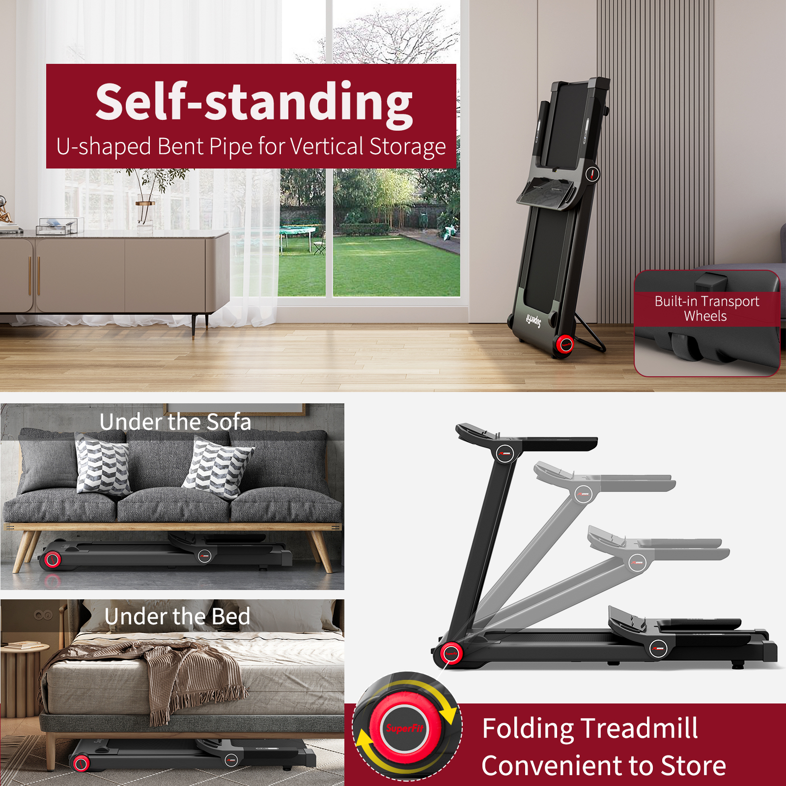 Folding 3.75HP Treadmill Electric Running Machine W/Bluetooth APP Self-standing