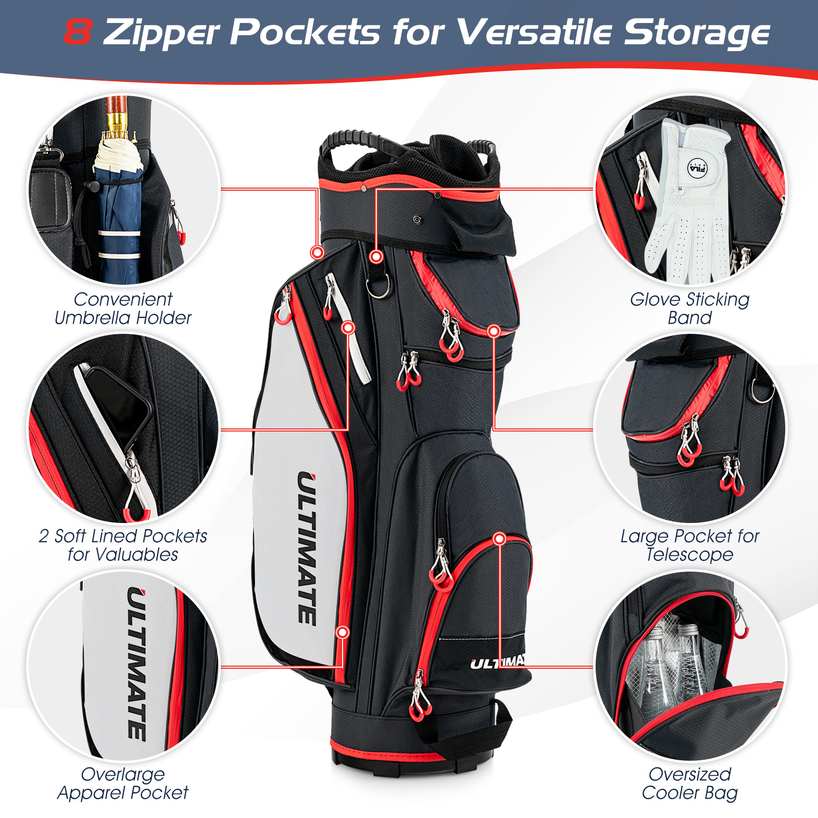 14-Way Golf Cart Bag w/ 8 Zippered Pockets & 8 Pockets Rain Hood - Picture 16 of 16